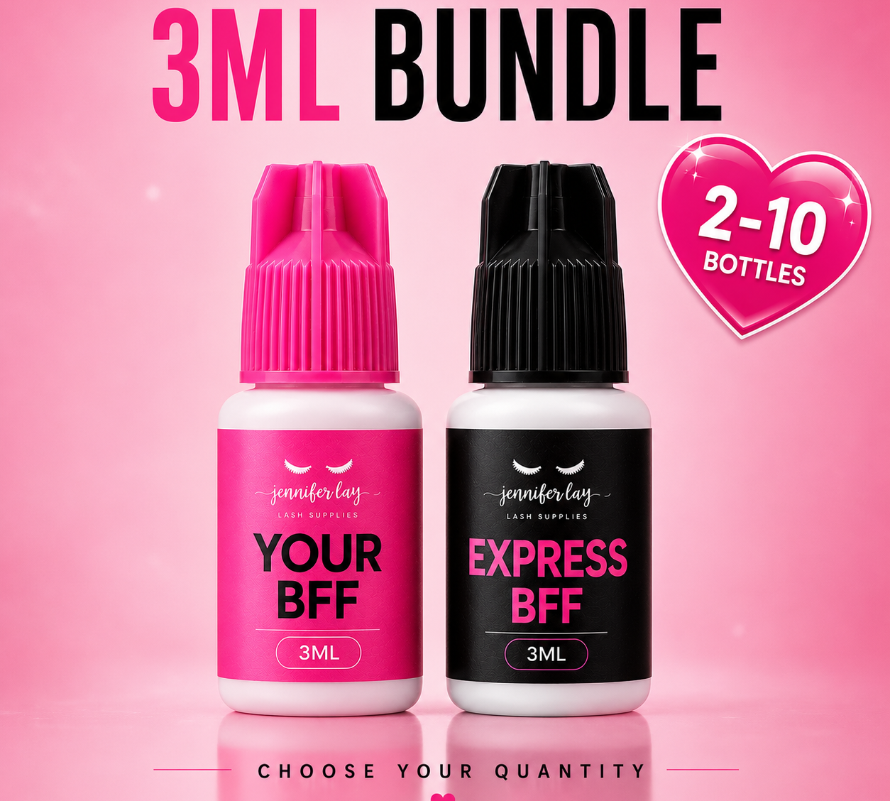 Two small bottles labeled 'YOUR BFF' and 'EXPRESS BFF' with a pink background and text about a 3ML bundle offer.