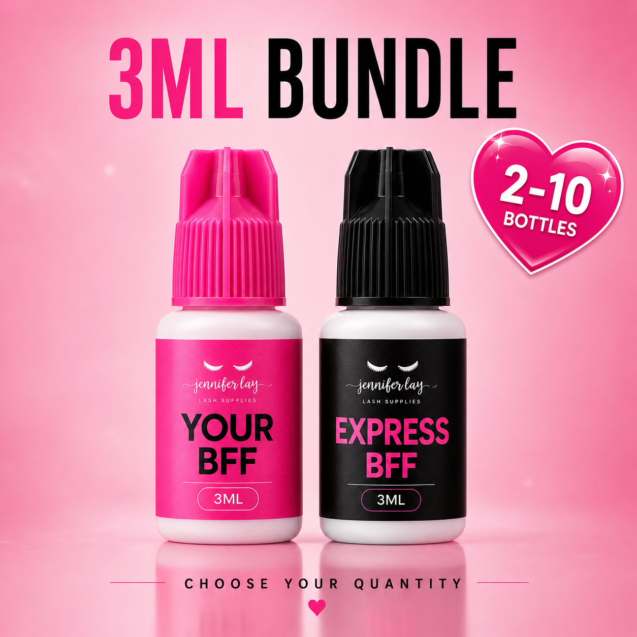 Two small bottles labeled 'YOUR BFF' and 'EXPRESS BFF' with a pink background and text about a 3ML bundle offer.