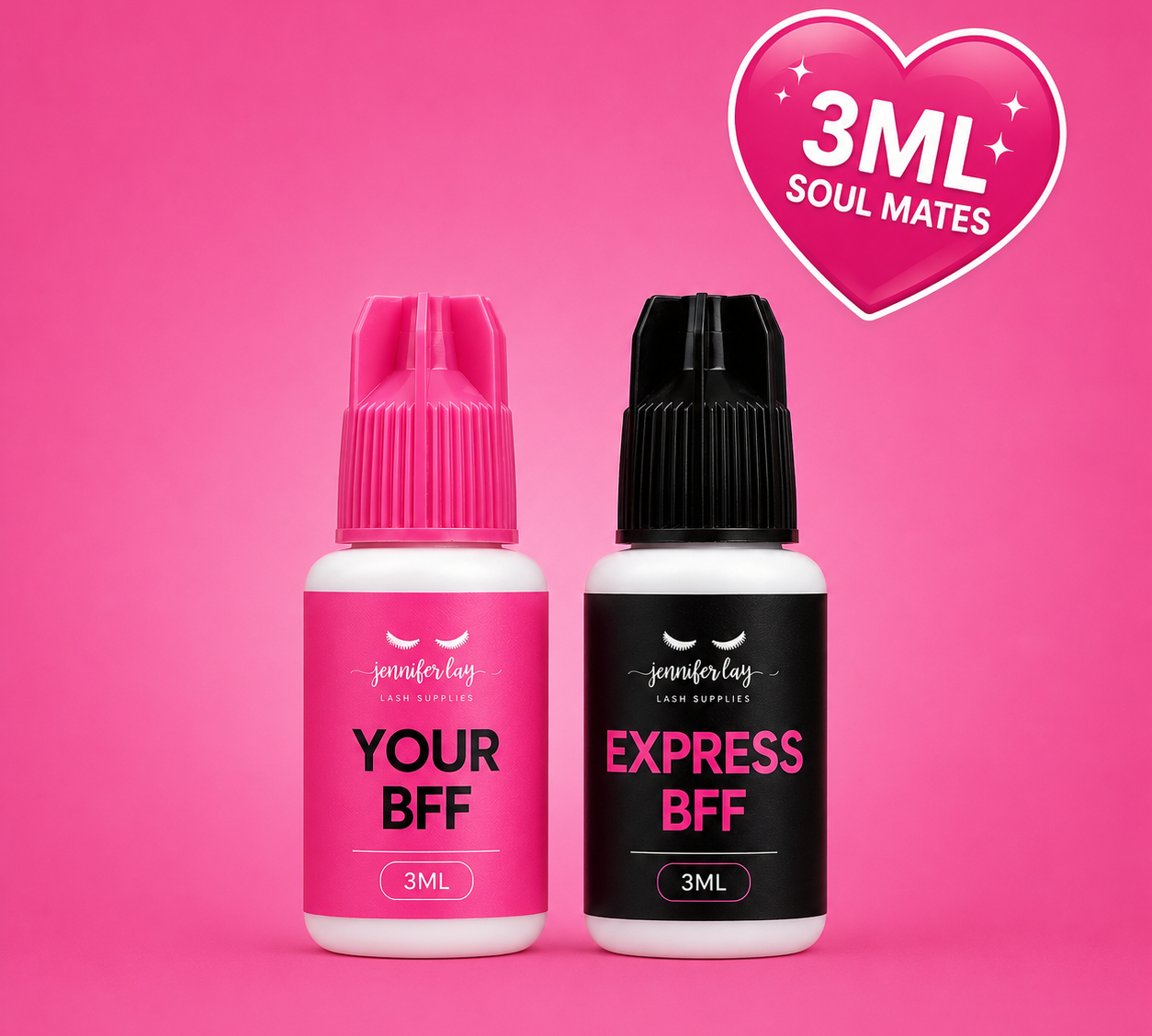 Two small bottles labeled 'Your BFF' and 'Express BFF' with a pink heart and text on a pink background.