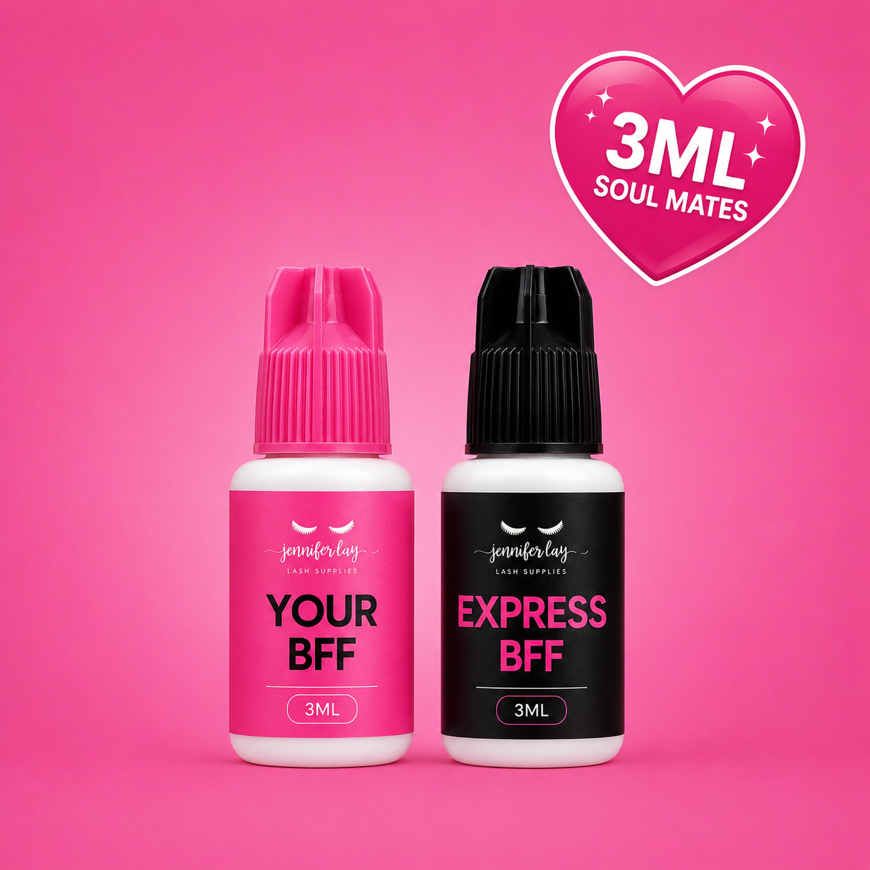 Two small bottles labeled 'Your BFF' and 'Express BFF' with a pink heart and text on a pink background.