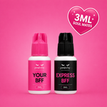 Two small bottles labeled 'Your BFF' and 'Express BFF' with a pink heart and text on a pink background.