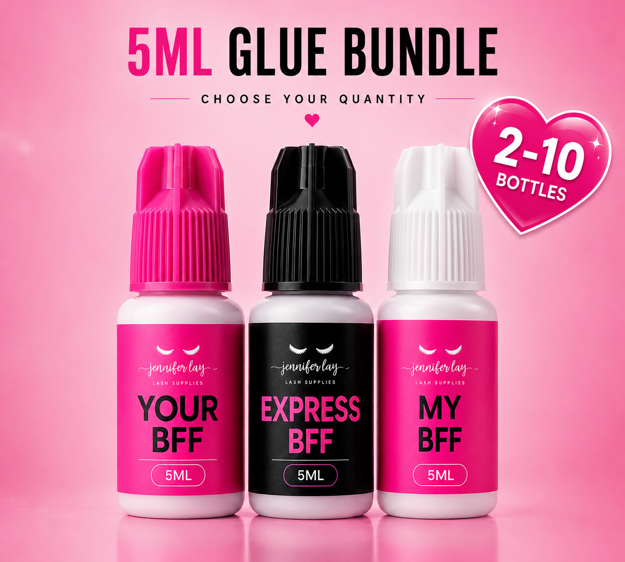 Three 5ML glue bottles with different color caps on a pink background, featuring text about a glue bundle offer.