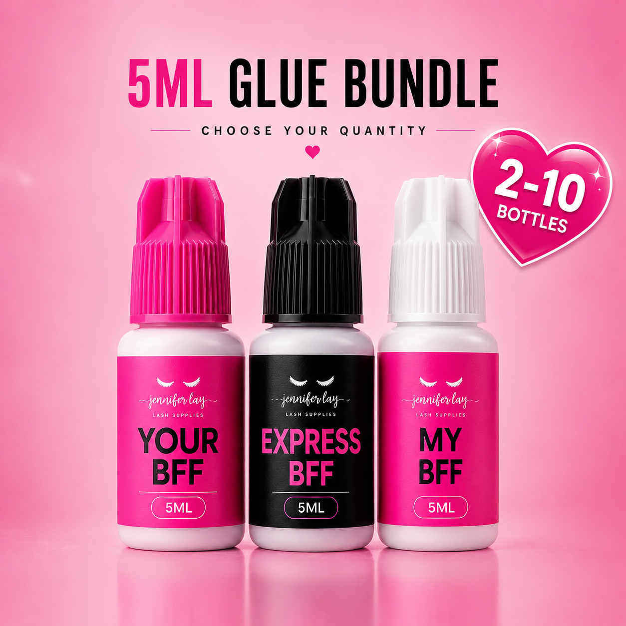 Three 5ML glue bottles with different color caps on a pink background, featuring text about a glue bundle offer.