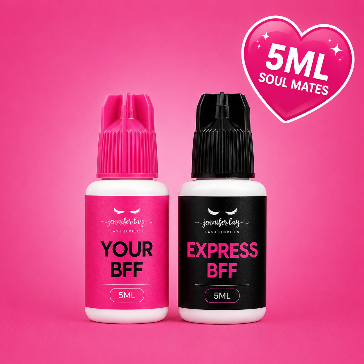 Two small bottles labeled 'Your BFF' and 'Express BFF' with a pink heart graphic and text on a pink background.