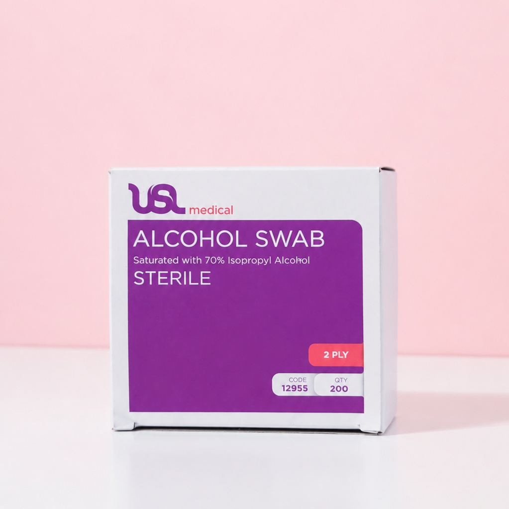 Box of US Medical alcohol swabs on a pink background