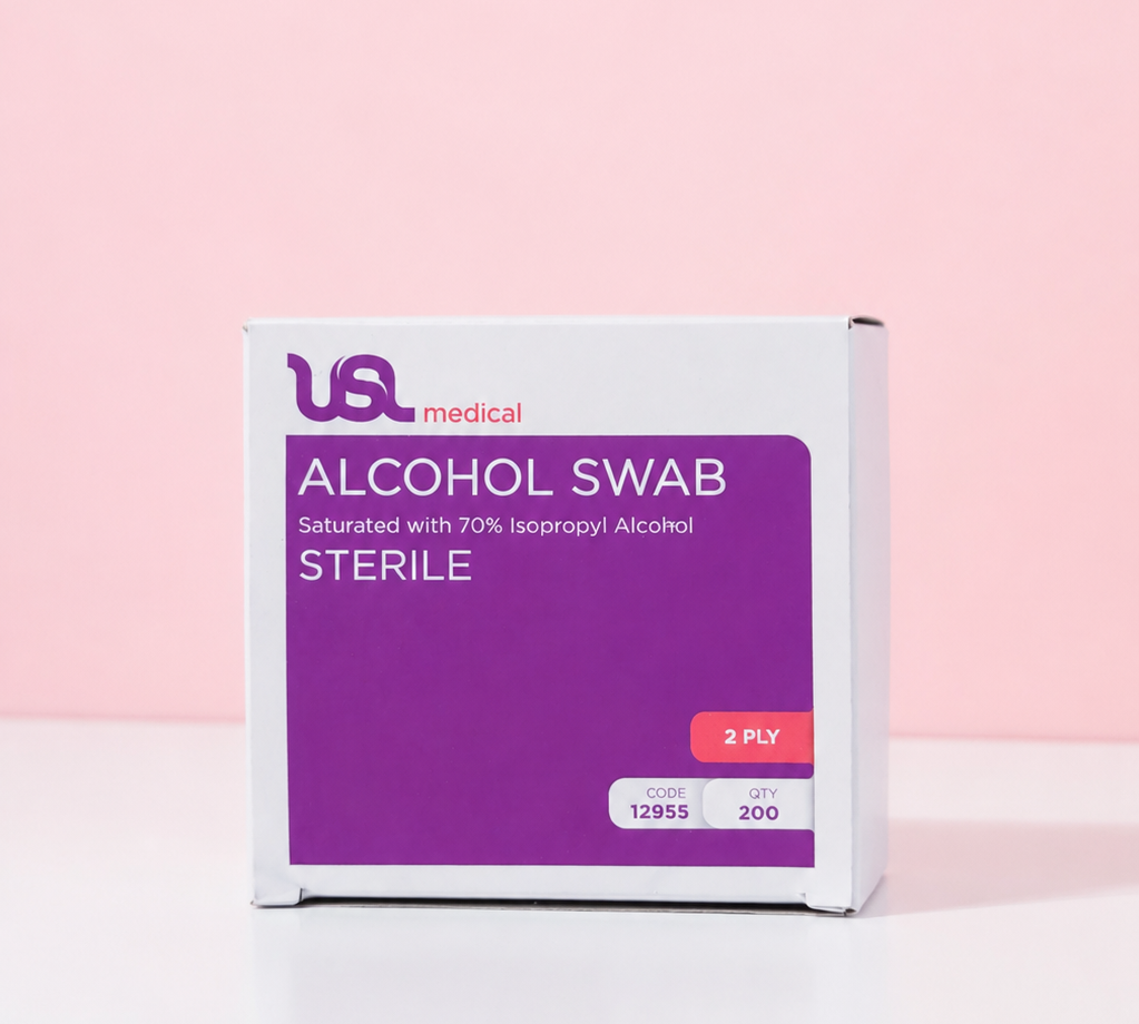 Box of US Medical alcohol swabs on a pink background