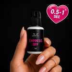 Hand holding a small bottle labeled 'Express BFF' with a heart-shaped timer icon on a black background.