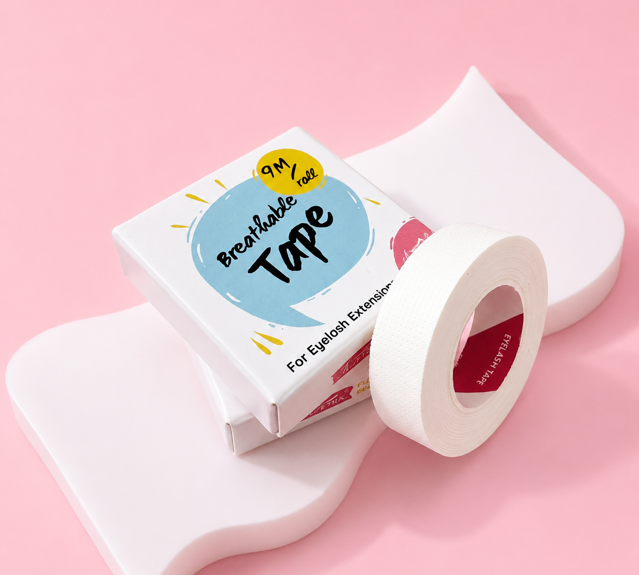 Breathable tape packaging with a roll of tape on a pink background