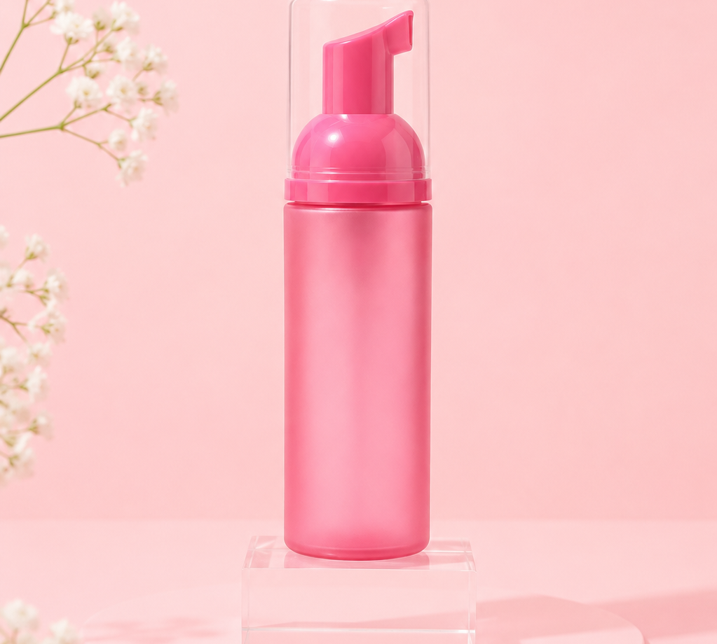 Pink foaming hand soap bottle on a pink background with white flowers.