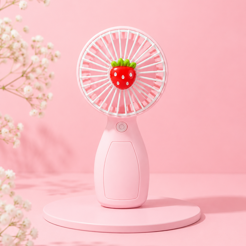Pink handheld fan with strawberry design on a pink background