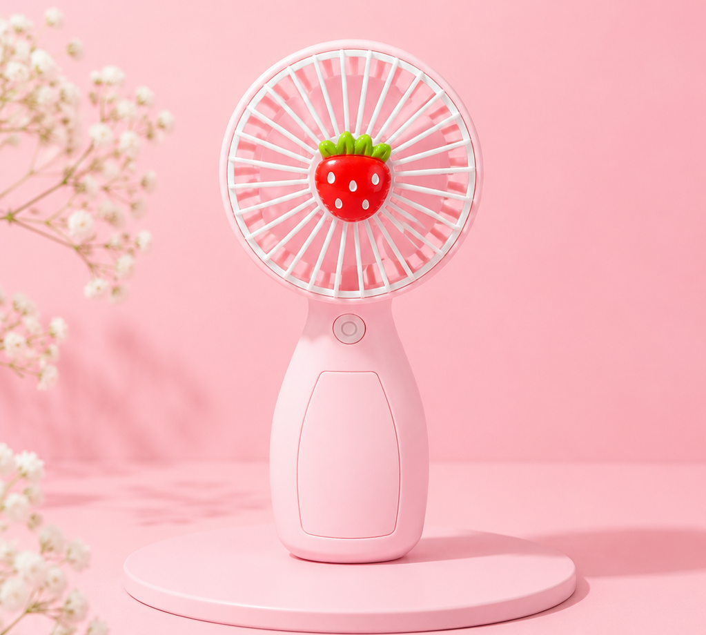 Pink handheld fan with strawberry design on a pink background